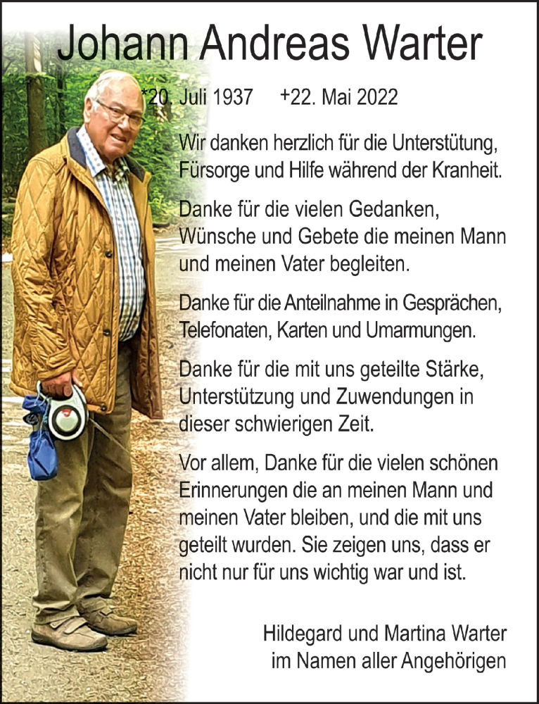  Traueranzeige für Johann Andreas Warter vom 08.07.2022 aus  Schlossbote/Werbekurier 