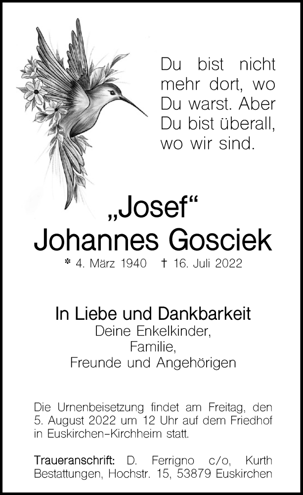  Traueranzeige für Johannes Gosciek vom 30.07.2022 aus  Werbepost 
