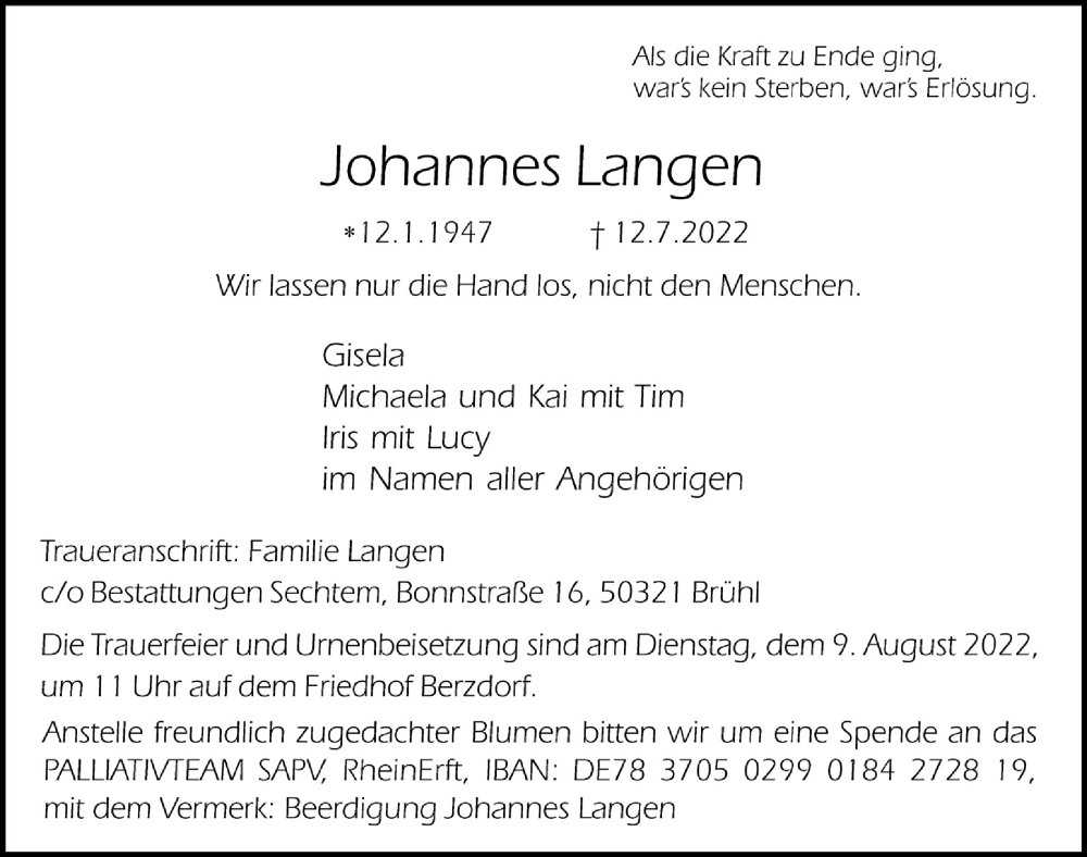  Traueranzeige für Johannes Langen vom 22.07.2022 aus  Schlossbote/Werbekurier 