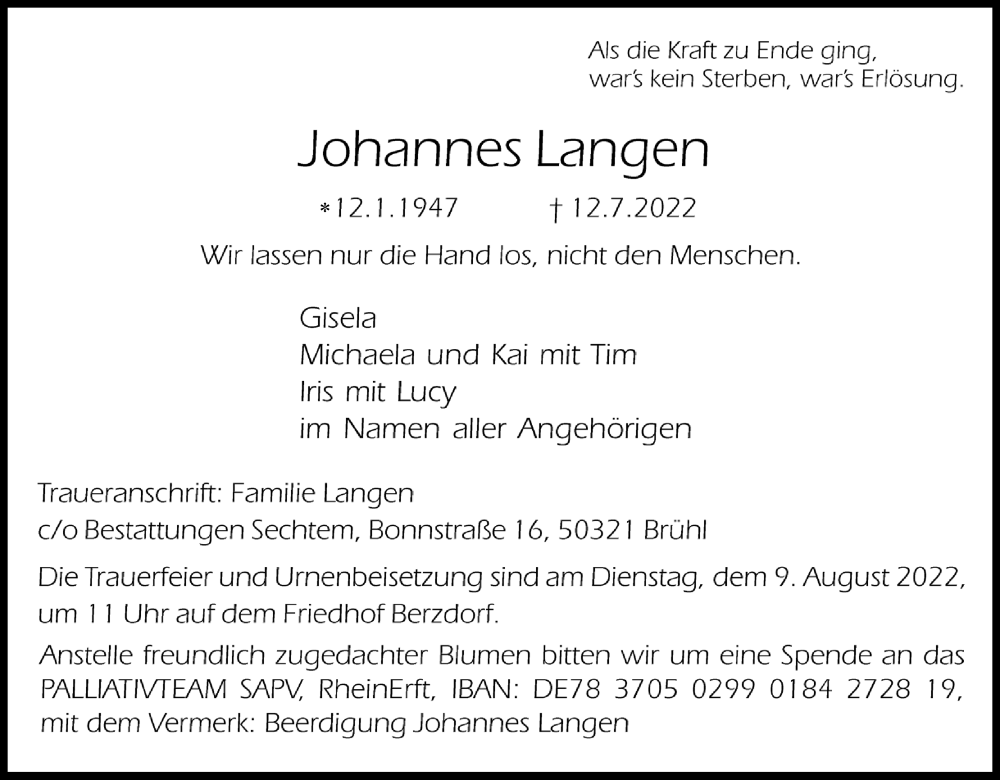  Traueranzeige für Johannes Langen vom 23.07.2022 aus Kölner Stadt-Anzeiger / Kölnische Rundschau / Express