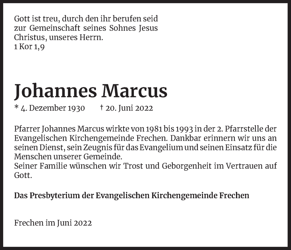  Traueranzeige für Johannes Marcus vom 02.07.2022 aus Kölner Stadt-Anzeiger / Kölnische Rundschau / Express