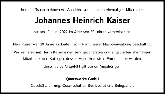Anzeige von Johannes Heinrich Kaiser von Kölner Stadt-Anzeiger / Kölnische Rundschau / Express