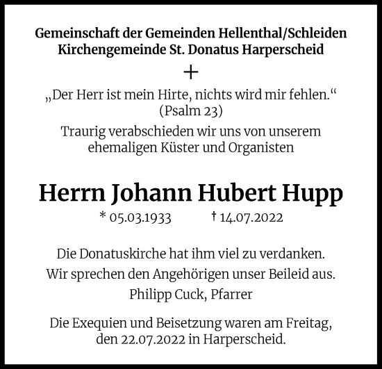 Anzeige von Johann Hubert Hupp von Kölner Stadt-Anzeiger / Kölnische Rundschau / Express