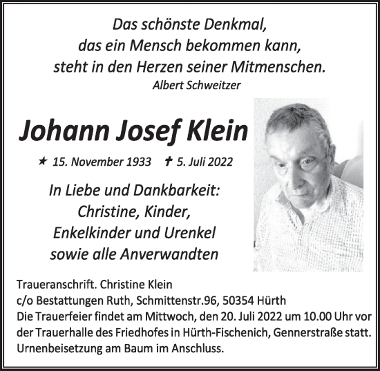 Anzeige von Johann Josef Klein von  Wochenende 