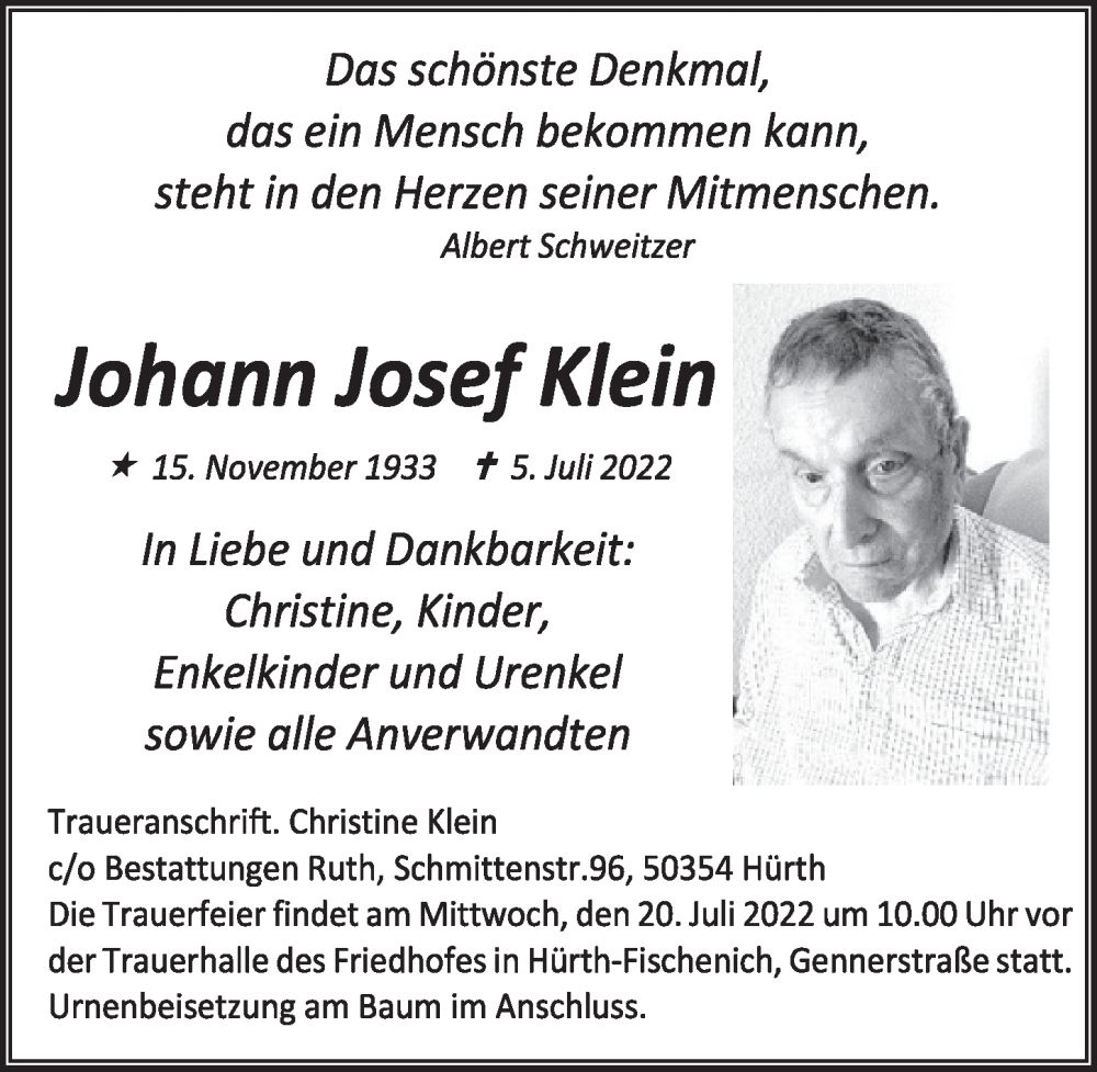  Traueranzeige für Johann Josef Klein vom 15.07.2022 aus  Wochenende 
