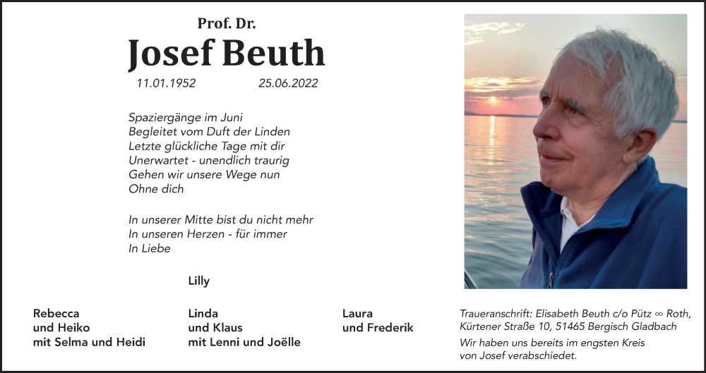  Traueranzeige für Josef Beuth vom 30.07.2022 aus Kölner Stadt-Anzeiger / Kölnische Rundschau / Express