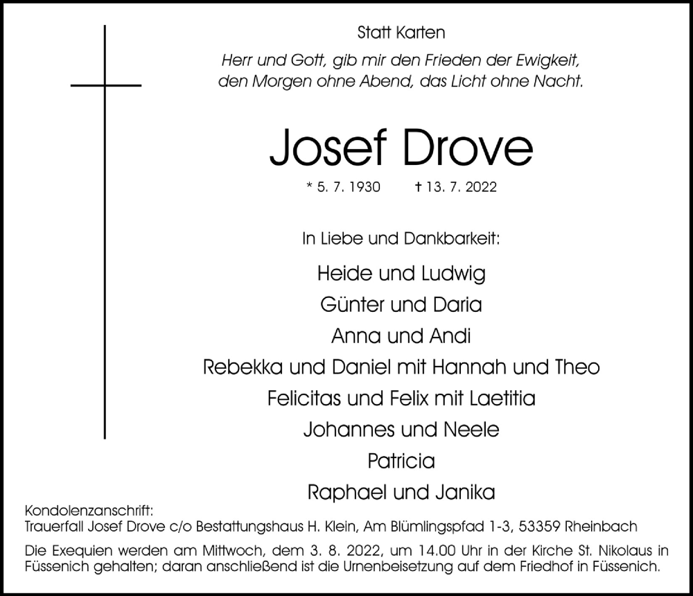  Traueranzeige für Josef Drove vom 30.07.2022 aus  Blickpunkt Euskirchen 