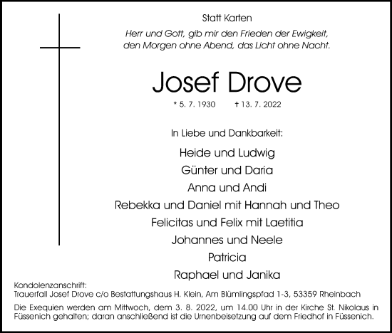 Anzeige von Josef Drove von Kölner Stadt-Anzeiger / Kölnische Rundschau / Express