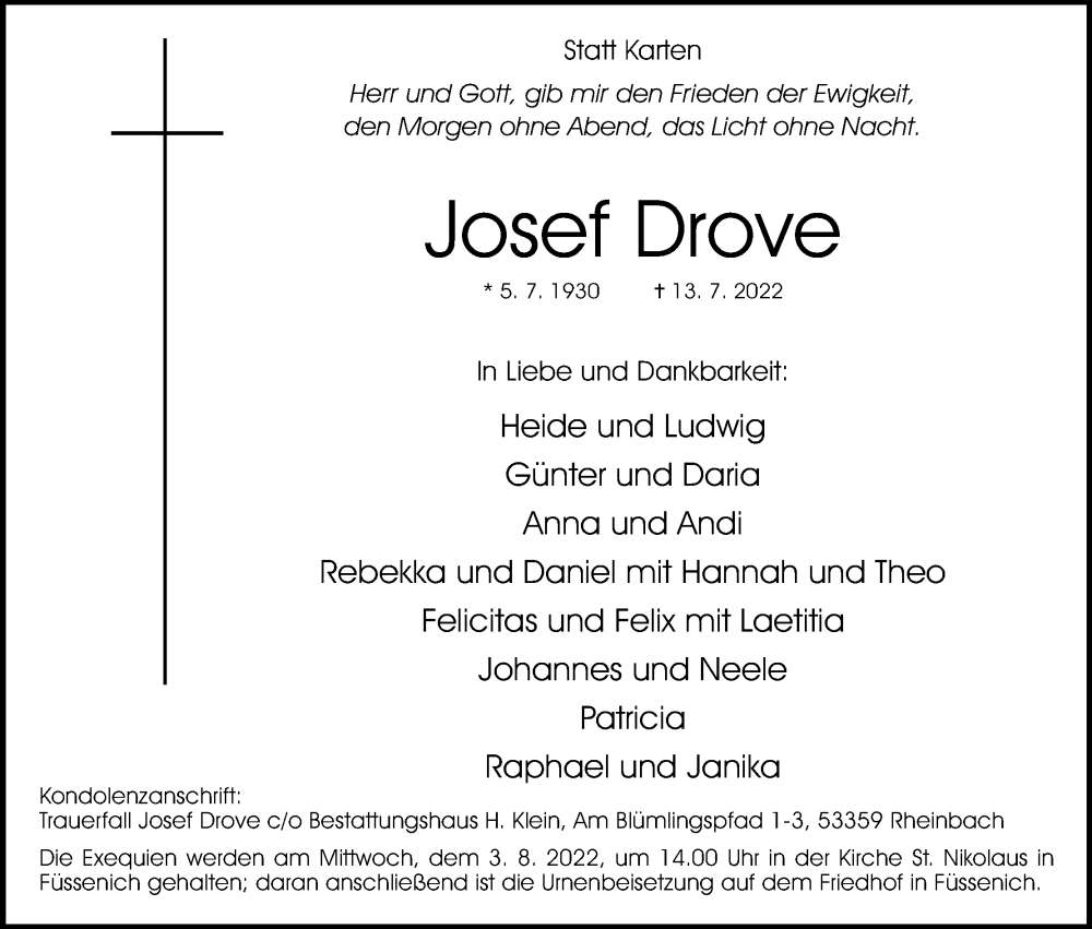  Traueranzeige für Josef Drove vom 23.07.2022 aus Kölner Stadt-Anzeiger / Kölnische Rundschau / Express