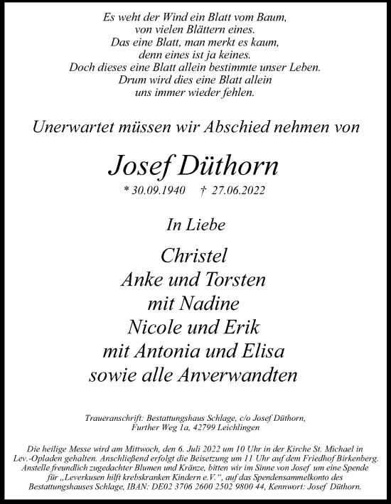 Anzeige von Josef Düthorn von Kölner Stadt-Anzeiger / Kölnische Rundschau / Express