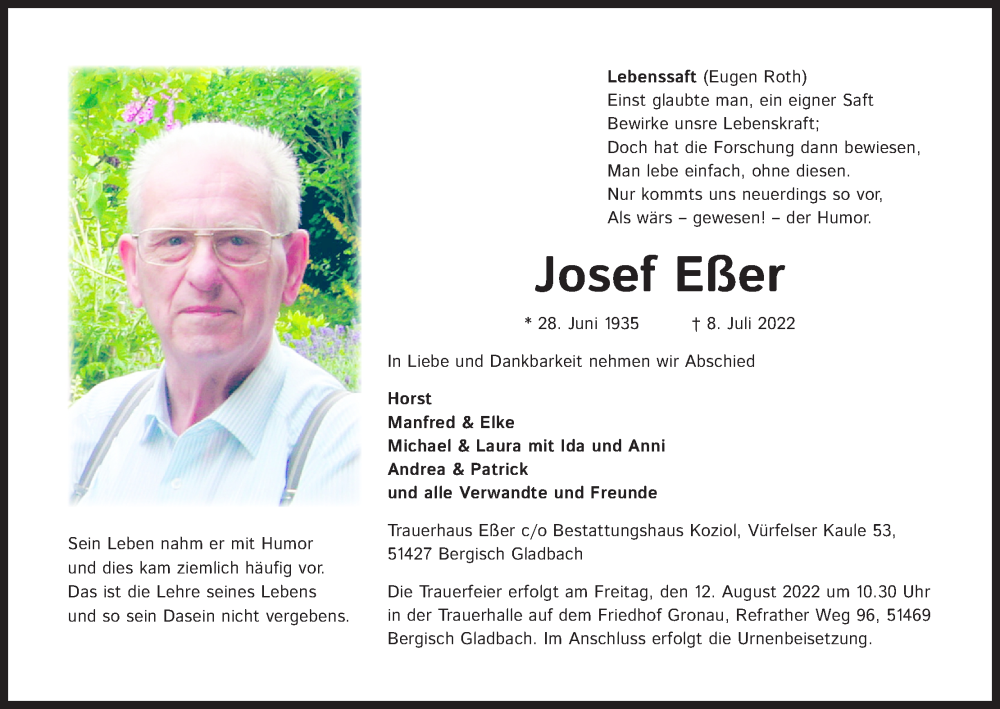  Traueranzeige für Josef Eßer vom 23.07.2022 aus Kölner Stadt-Anzeiger / Kölnische Rundschau / Express