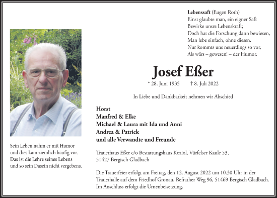 Anzeige von Josef Eßer von  Bergisches Handelsblatt 