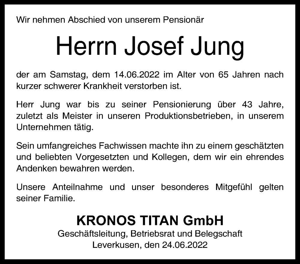  Traueranzeige für Josef Jung vom 02.07.2022 aus Kölner Stadt-Anzeiger / Kölnische Rundschau / Express