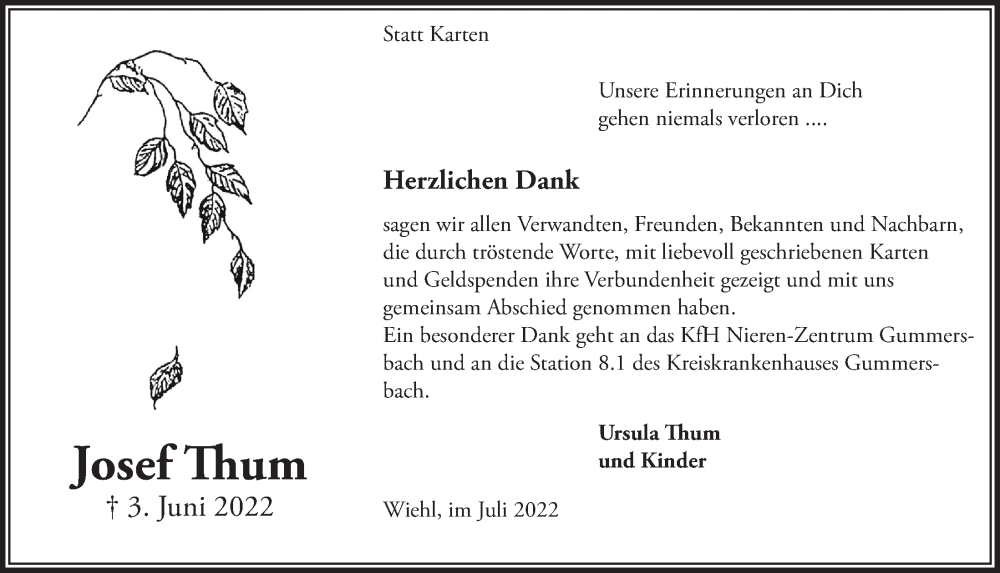  Traueranzeige für Josef Thum vom 22.07.2022 aus  Anzeigen Echo 