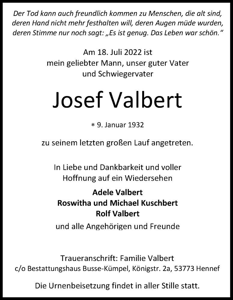  Traueranzeige für Josef Valbert vom 30.07.2022 aus Kölner Stadt-Anzeiger / Kölnische Rundschau / Express
