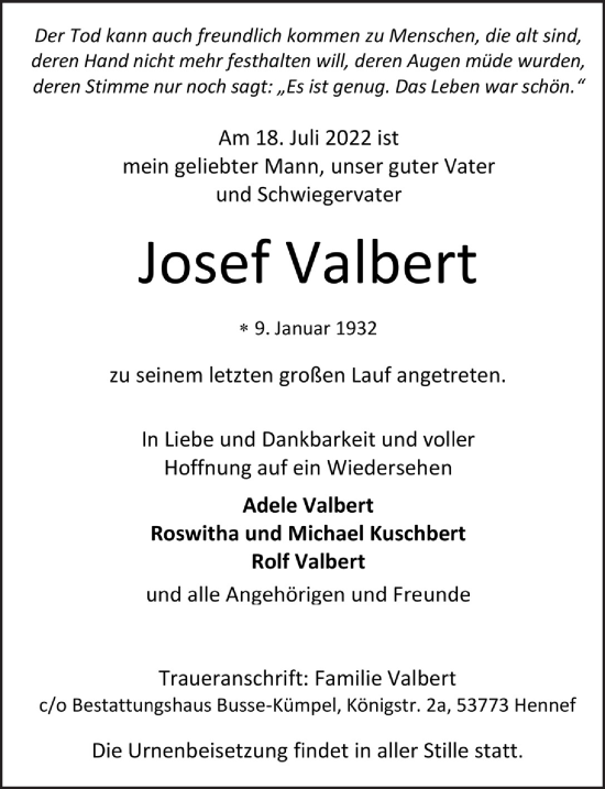 Anzeige von Josef Valbert von  Werbepost 