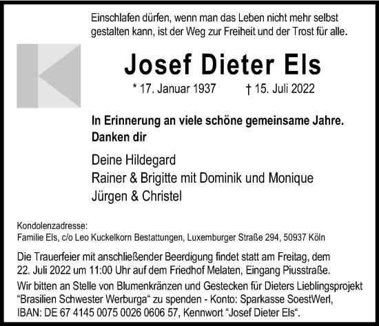 Anzeige von Josef Dieter Els von Kölner Stadt-Anzeiger / Kölnische Rundschau / Express