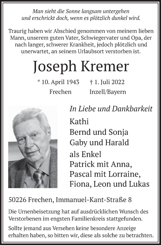 Anzeige von Joseph Kremer von  Wochenende 
