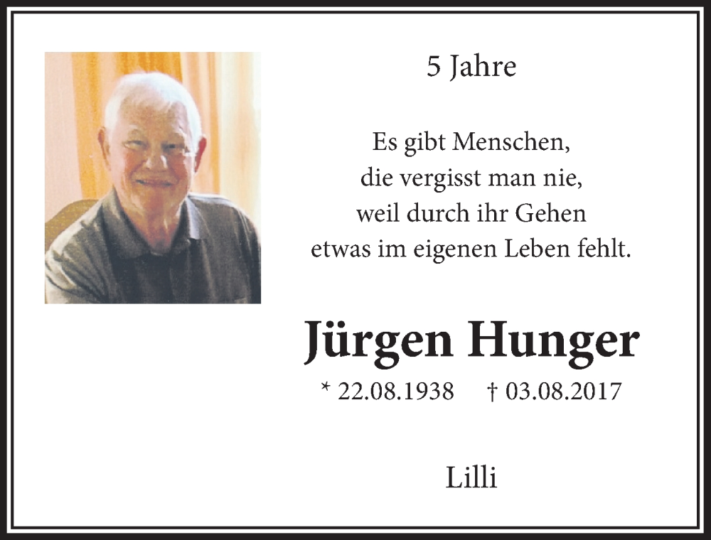  Traueranzeige für Jürgen Hunger vom 29.07.2022 aus  Lokalanzeiger 