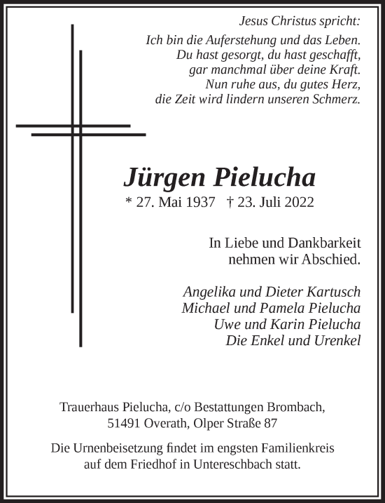 Anzeige von Jürgen Pielucha von  Bergisches Handelsblatt 