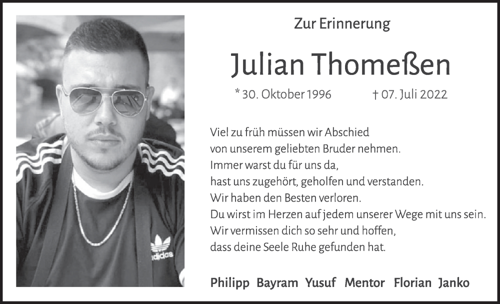  Traueranzeige für Julian Thomeßen vom 29.07.2022 aus  Werbepost 