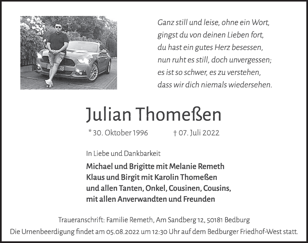  Traueranzeige für Julian Thomeßen vom 29.07.2022 aus  Werbepost 