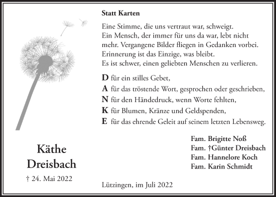 Anzeige von Käthe Dreisbach von  Lokalanzeiger 