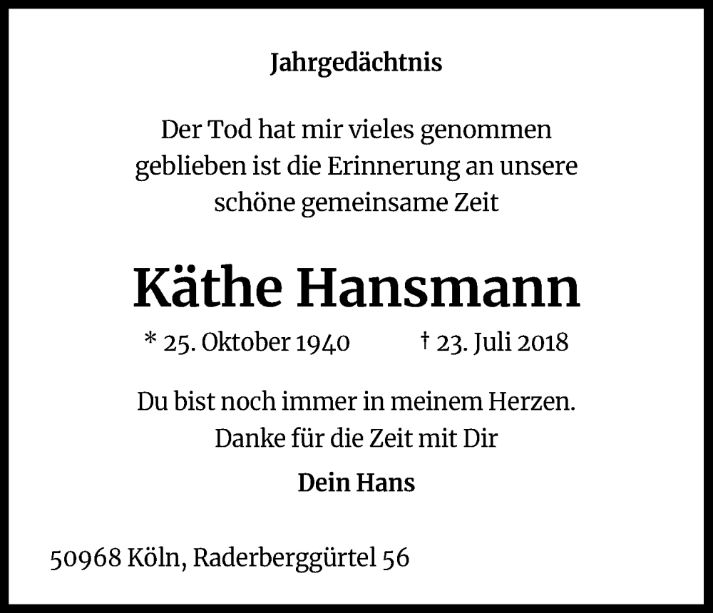  Traueranzeige für Käthe Hansmann vom 23.07.2022 aus Kölner Stadt-Anzeiger / Kölnische Rundschau / Express