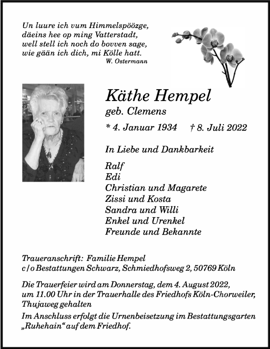 Anzeige von Käthe Hempel von Kölner Stadt-Anzeiger / Kölnische Rundschau / Express