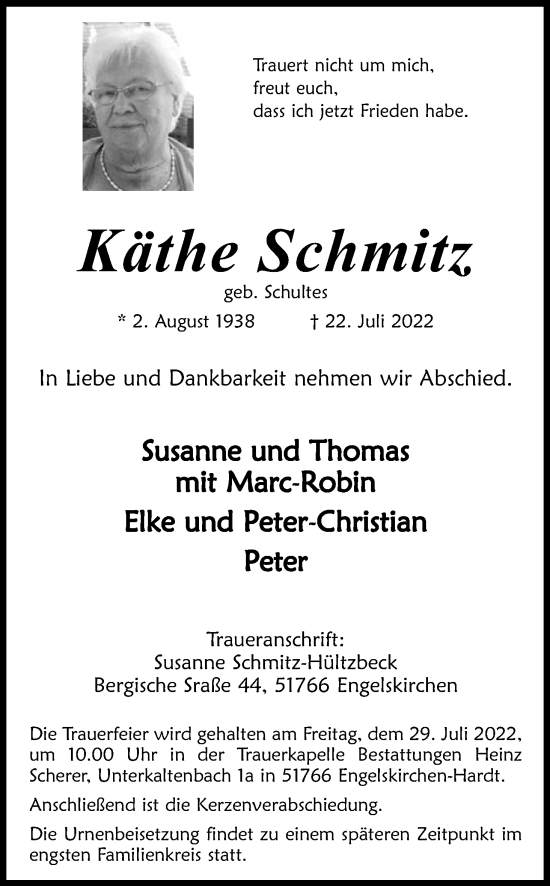 Anzeige von Käthe Schmitz von Kölner Stadt-Anzeiger / Kölnische Rundschau / Express