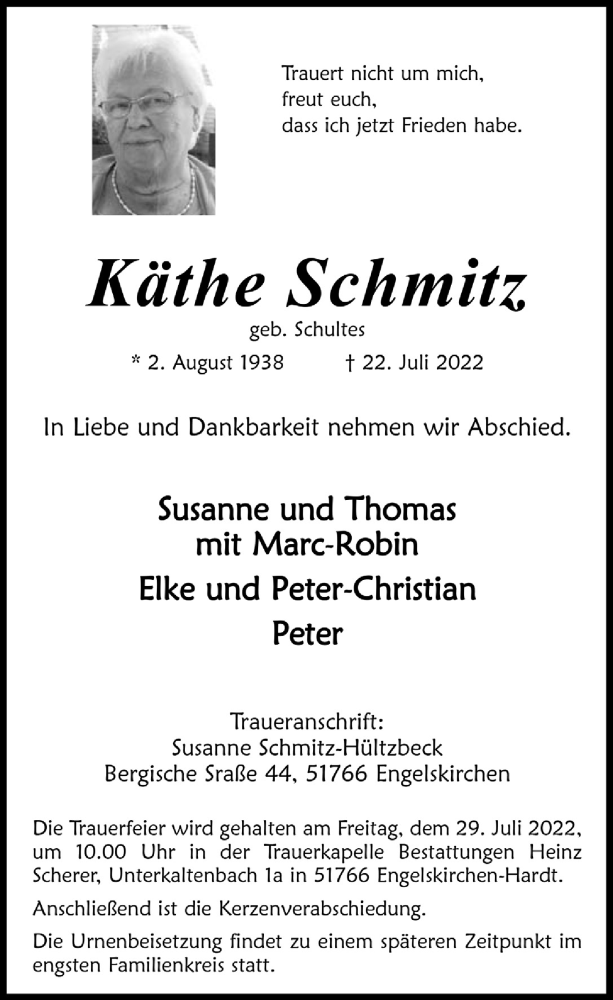 Traueranzeige für Käthe Schmitz vom 29.07.2022 aus  Anzeigen Echo 