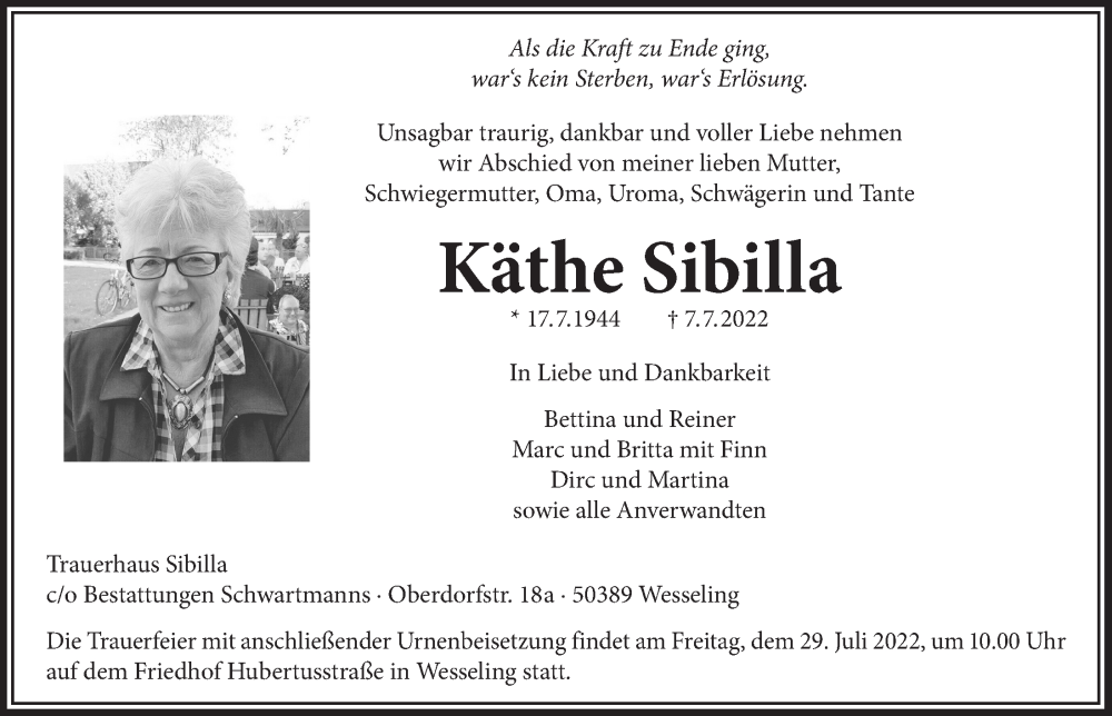  Traueranzeige für Käthe Sibilla vom 22.07.2022 aus  Schlossbote/Werbekurier 