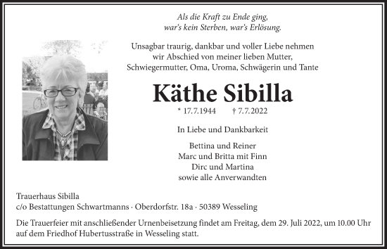 Anzeige von Käthe Sibilla von  Schlossbote/Werbekurier 