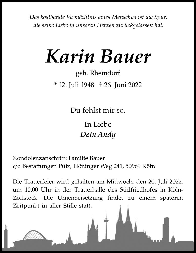  Traueranzeige für Karin Bauer vom 09.07.2022 aus Kölner Stadt-Anzeiger / Kölnische Rundschau / Express