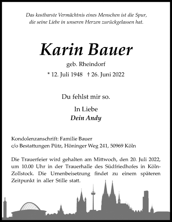 Anzeige von Karin Bauer von Kölner Stadt-Anzeiger / Kölnische Rundschau / Express