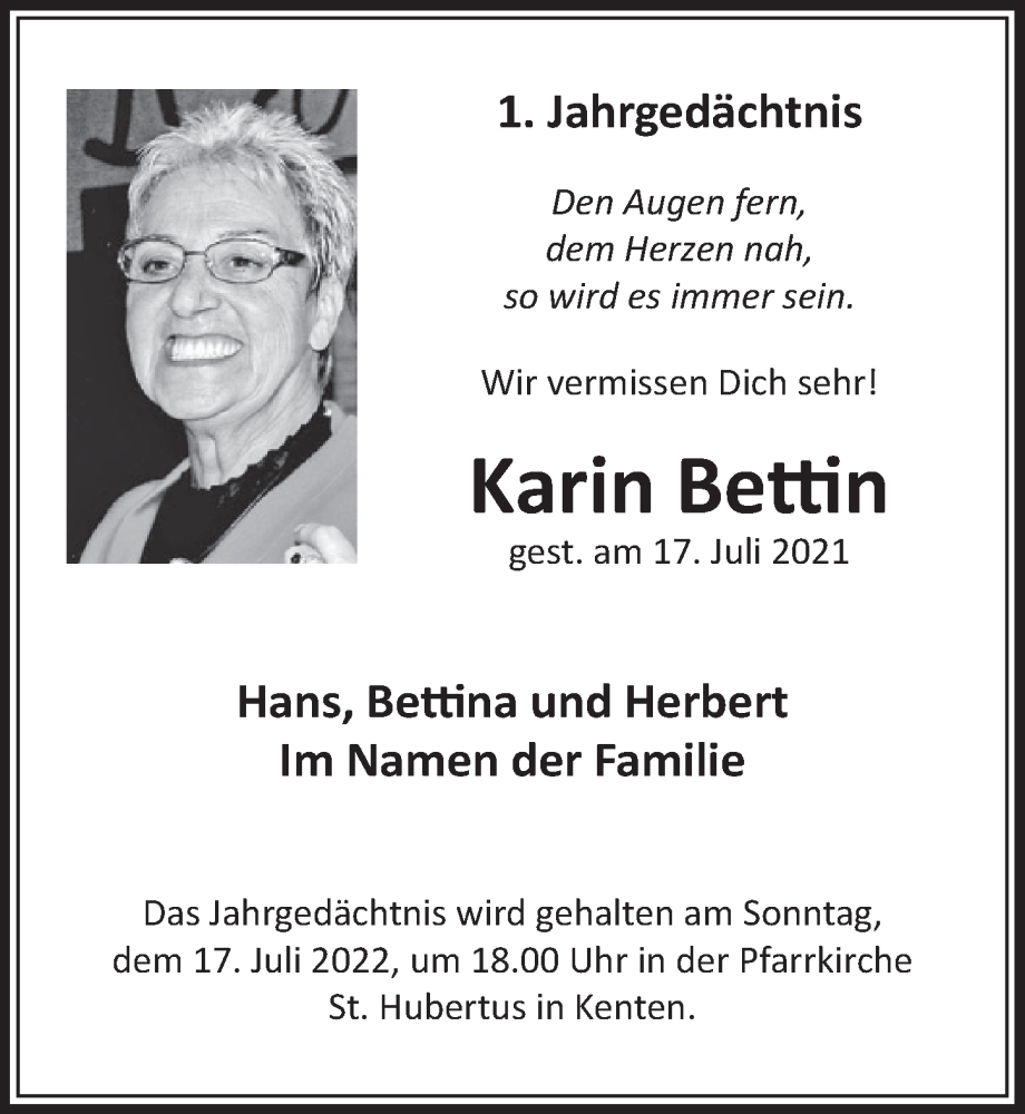  Traueranzeige für Karin Bettin vom 08.07.2022 aus  Werbepost 