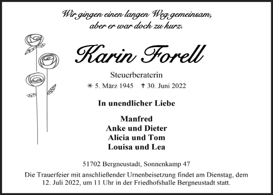 Anzeige von Karin Forell von  Anzeigen Echo 
