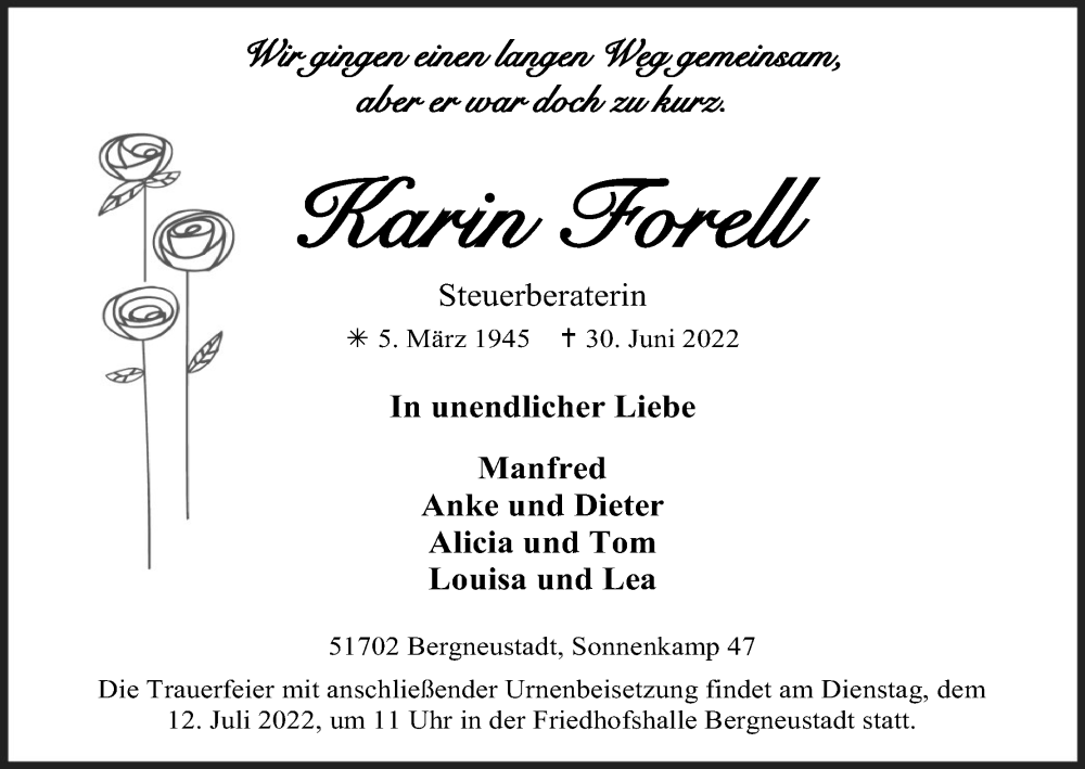  Traueranzeige für Karin Forell vom 09.07.2022 aus Kölner Stadt-Anzeiger / Kölnische Rundschau / Express