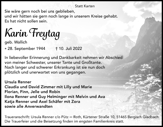 Anzeige von Karin Freytag von Kölner Stadt-Anzeiger / Kölnische Rundschau / Express