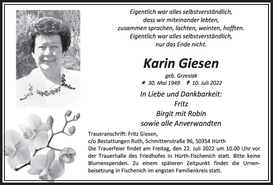 Anzeige von Karin Giesen von  Wochenende 
