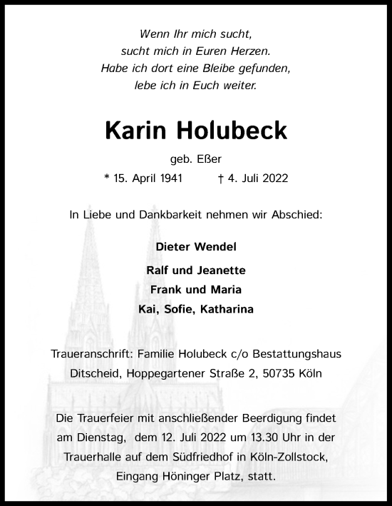 Anzeige von Karin Holubeck von Kölner Stadt-Anzeiger / Kölnische Rundschau / Express