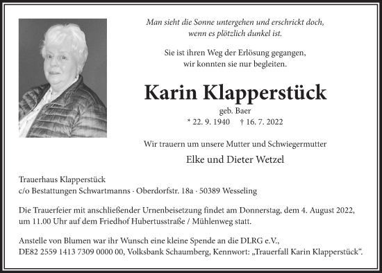 Anzeige von Karin Klapperstück von  Schlossbote/Werbekurier 