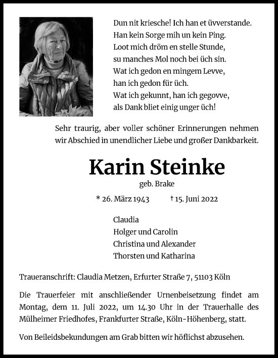 Anzeige von Karin Steinke von Kölner Stadt-Anzeiger / Kölnische Rundschau / Express