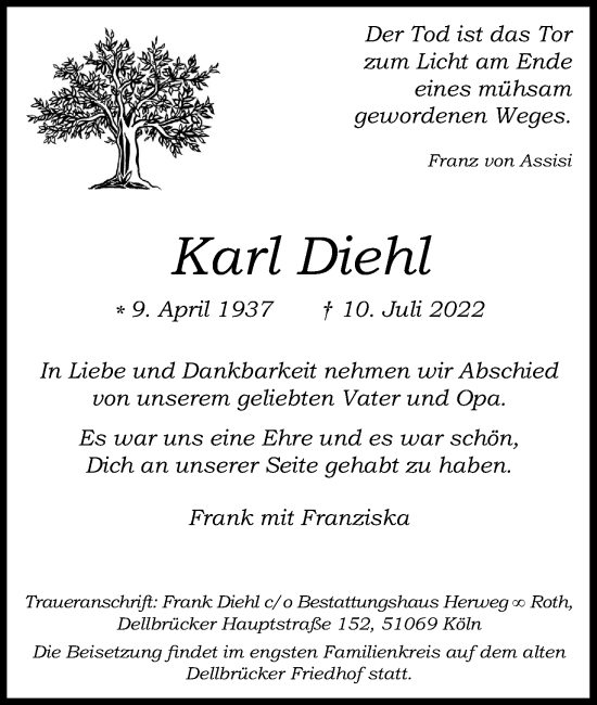 Anzeige von Karl Diehl von Kölner Stadt-Anzeiger / Kölnische Rundschau / Express