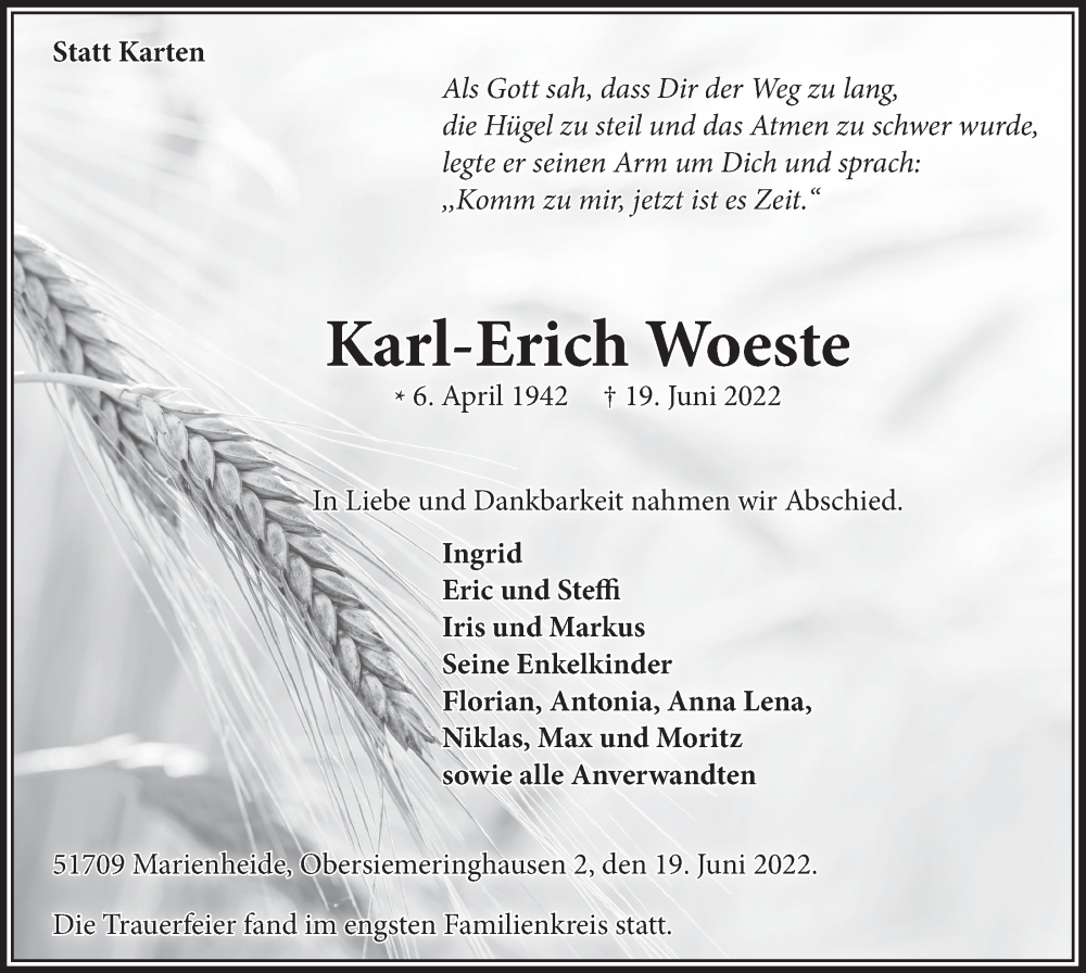  Traueranzeige für Karl-Erich Woeste vom 15.07.2022 aus  Anzeigen Echo 