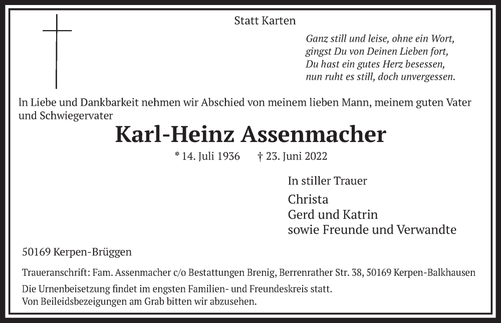  Traueranzeige für Karl-Heinz Assenmacher vom 08.07.2022 aus  Werbepost 