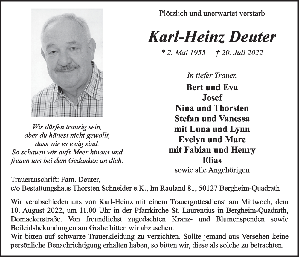  Traueranzeige für Karl-Heinz Deuter vom 29.07.2022 aus  Werbepost 