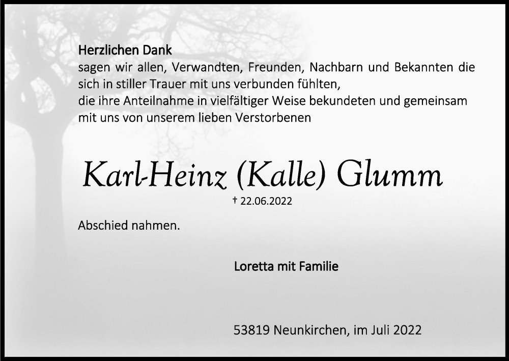  Traueranzeige für Karl-Heinz Glumm vom 23.07.2022 aus Kölner Stadt-Anzeiger / Kölnische Rundschau / Express