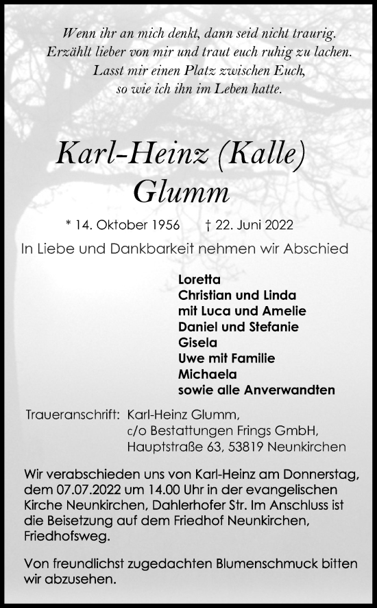 Anzeige von Karl-Heinz Glumm von Kölner Stadt-Anzeiger / Kölnische Rundschau / Express
