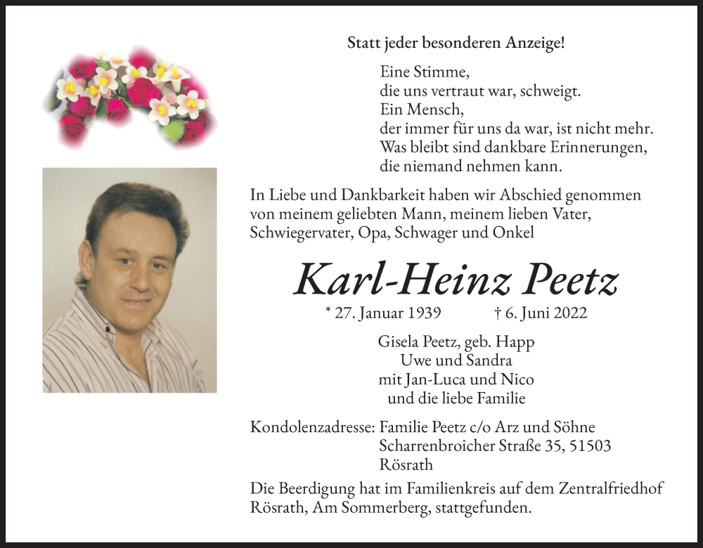  Traueranzeige für Karl-Heinz Peetz vom 02.07.2022 aus Kölner Stadt-Anzeiger / Kölnische Rundschau / Express